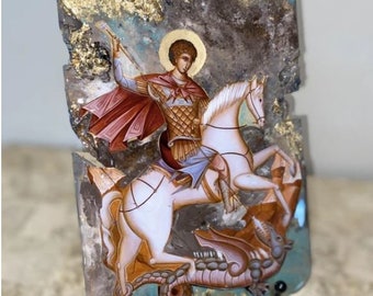 Ícone religioso de São Jorge (Agios Giorgios), arte feita à mão, peça única, ortodoxo, católico, cristão.