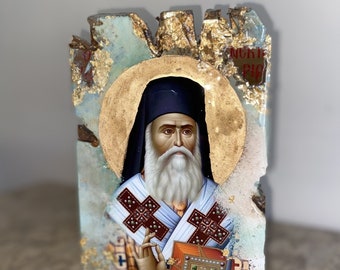 Ícone de São Nectário feito à mão – Arte religiosa 3D, pirografia.