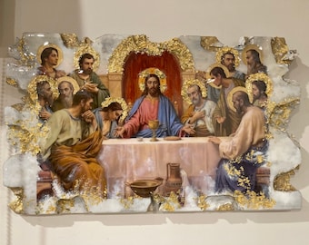 Large Religious icon The last supper Jesus Christ  icon art handmade 1 off piece