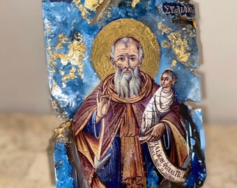 Ícone de São Estiliano feito à mão, pirografia, flocos de ouro