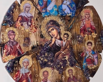 Stamboom van religieuze iconen - moeder Mary Panagia, middelpunt muurkunst op maat cadeau verjaardag verjaardag