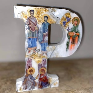 Multi Saint letter art Icona preligiosa custom resina cattolica cristiano ortodosso battesimo matrimonio comunione compleanno regalo