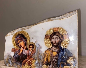 Ícone religioso duplo em pedra verdadeira