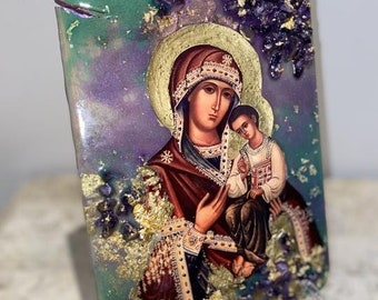 3D religieuze iconen Moeder Maria baby Jezus Christus pictogram kunst handgemaakt 1 stuk orthodox-katholiek-christelijk natuurlijke amethist edelstenen