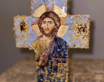 Cruz de Jesus Cristo feita à mão, ícone católico ortodoxo, presente de batismo