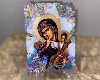 Ícone artesanal de Nossa Senhora e Jesus, pirogravura, flocos de ouro.