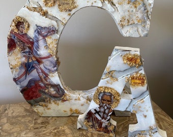 Arte com letras de ícone religioso esculpidas à mão, nome de santo personalizado, decoração para quarto de bebê