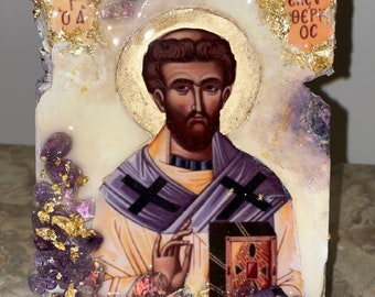 Ícone de Santo Eleftherios feito à mão com pedras de ametista.