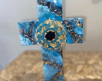 Vrijstaand houten handgemaakt handgeschilderd kruisbeeld met mati boze oog hars orthodox Grieks cadeau verjaardag doop doop