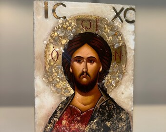 Ícone de Jesus Cristo feito à mão – Arte pirogravada com citrino