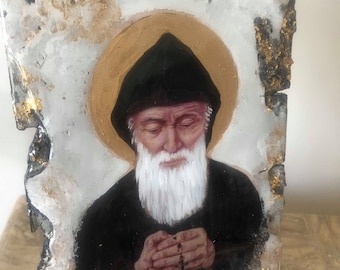Ícone religioso de São Charbel, arte feita à mão, peça única, santo ortodoxo católico cristão maronita.