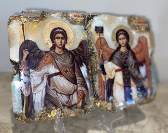 Ícone duplo dos Arcanjos Miguel e Gabriel, arte religiosa feita à mão.