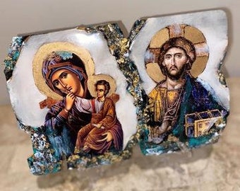 Religieus icoon Maagd Moeder Maria Jezus Christus dubbel pictogram kunst handgemaakt 1 stuk