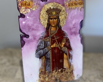 Icoon voor religieuze kunst Saint Alexandra - uniek in zijn soort - ORIGINEEL klaar voor verzending
