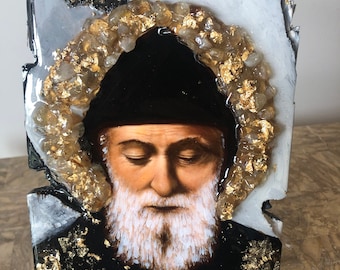 Handmade Saint Charbel Icon with Citrine Gemstones, Christian Art