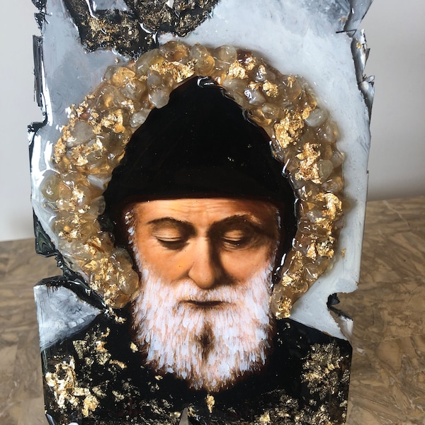 Religious icons Saint Charbel art handmade wirh citrine natural gemstones 1 off piece orthodox Catholic Christian Maronite saint