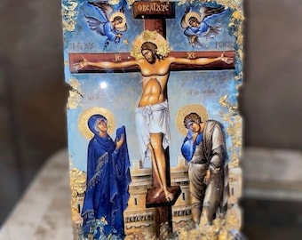Religieus icoon kunst handgemaakt 1 stuk orthodox katholiek christelijk cadeau doopsel bruiloft verjaardag Jezus Christus kruisiging
