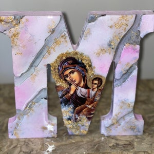 Madre Maria lettera arte M icona religiosa custom letter resina cattolica Cristiano Ortodosso battesimo matrimonio prima comunione compleanno regalo