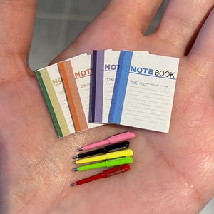 Pu&ograve; includere: Quattro quaderni in miniatura con copertine colorate e il testo "NOTEBOOK" sulla parte anteriore. I quaderni sono impilati uno sopra l'altro. Cinque penne colorate sono disposte sotto i quaderni.