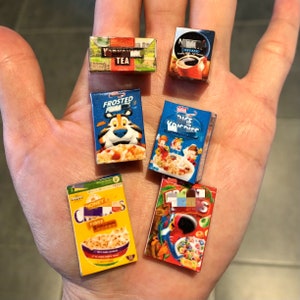 Miniature Dollhouse SET OF 6 breakfast cereal cornflakes coffee tea box crisps chips food snacks bags packets decor doll 1:12