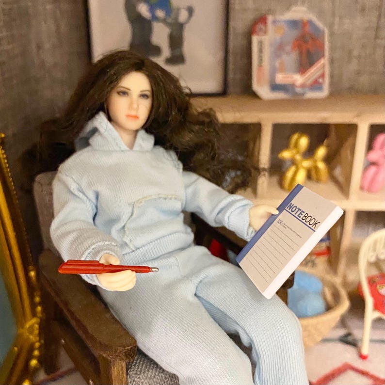 Pu&ograve; includere: Una bambola con una felpa blu chiaro e pantaloni abbinati &egrave; seduta su una sedia di legno. La bambola tiene una penna rossa e un quaderno blu con la scritta "NOTEBOOK" sulla copertina.