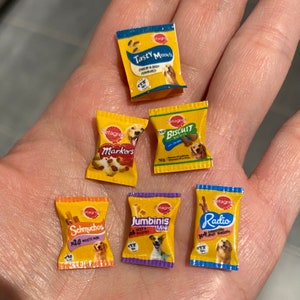 Miniature Dollhouse SET OF 6 assorted dog treat snacks pet crisps food bag packets candy sweets decor doll 1:12
