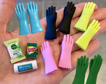 1:12 Miniature Dollhouse Kitchen Cleaning supplies sponge wipes bin liners trash garbage bag rubber gloves