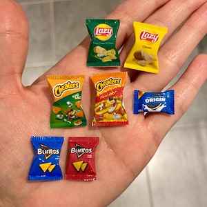 Miniature Dollhouse SET OF 7 snacks crisps potato chips food candy accessories bags packets doll 1:12