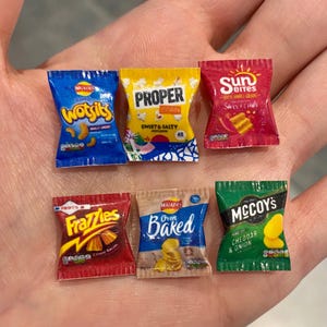 Miniature Dollhouse SET OF 6 assorted snacks crisps potato chips food bag packets decor doll 1:12 handmade