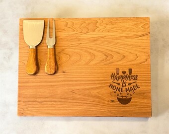 Engraved Wooden Cutting Board with Cheese Knives, "Happiness is Homemade" Charcuterie Set