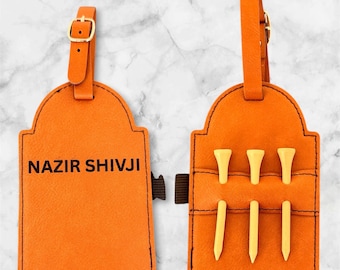 Personalized Leather Golf Bag Tag with Tees: Engraved Golf Gift