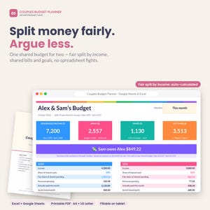 Split Money Fairly as a Couple: Couples Budget Planner Spreadsheet + Fillable Printable, Income-Based Split, Google Sheets