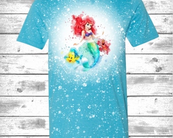 Little Mermaid Bleached T-Shirt, Watercolor Ariel Design
