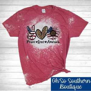 Peace Love America bleached shirt,4th of July tee, unisex shirt, leopard print, holiday shirt,  summer holiday,   America Tee