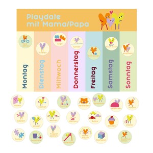 May include: A colorful chart with the days of the week in German, with activities for each day. The chart features illustrations of children playing, including riding bikes, playing with blocks, and reading books.
