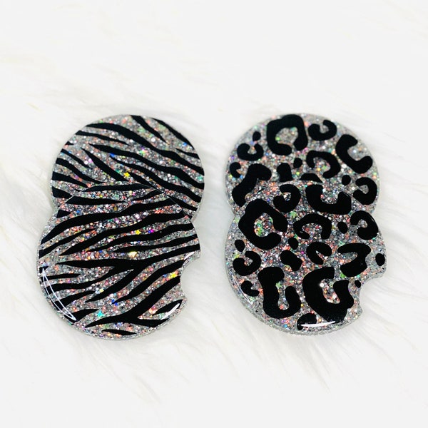 Silver Glitter Car Coasters, Cup Holder Glitter Coaster, Car Accessory, Set of 2, Leopard PrintCar  Coasters, Zebra Print Car Coasters