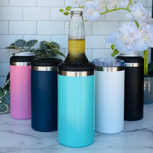 Add your own logo or design, 4-in-1 Can Cooler, Fits Slim Cans, Regular Cans & bottles and also a tumbler for coffee or cocktails