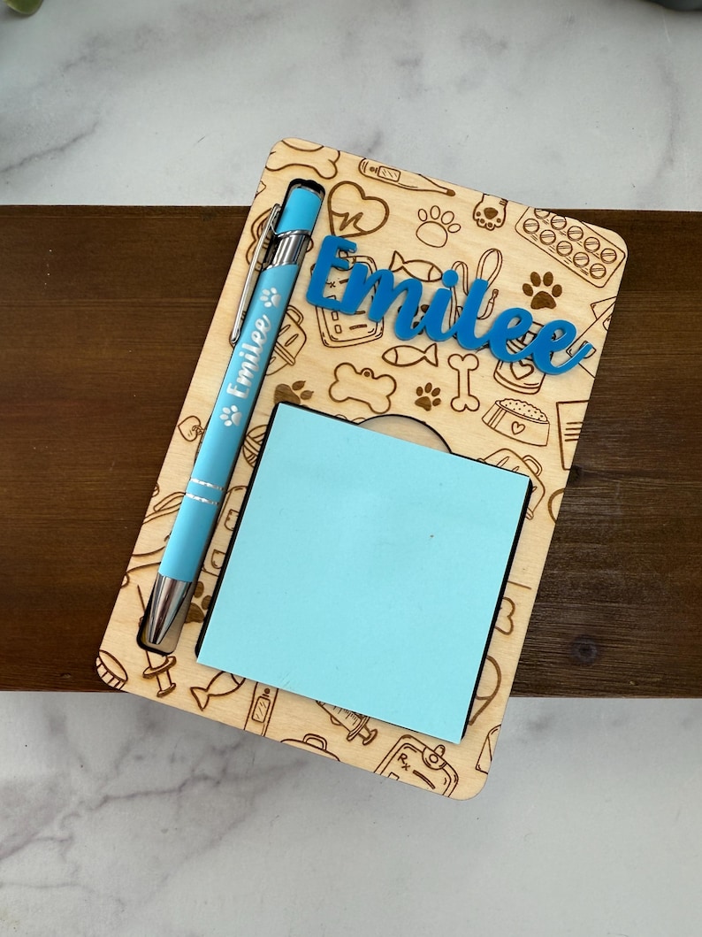 Engraved Vet Tech Notepad Holder & Pen Set - Personalized Wooden Desk Organizer image 4