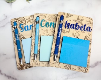 Personalized Beachy Notepad Holder & Pen Set: Engraved Desk Organizer