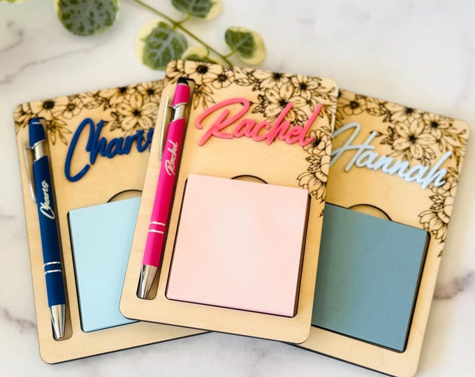 Personalized Engraved Wood Notepad Holder & Pen Set: Custom Desk Organizer Floral or Teacher