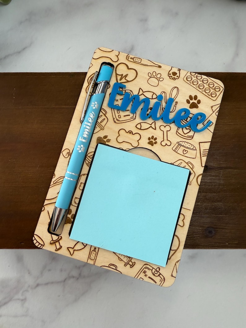 Engraved Vet Tech Notepad Holder & Pen Set - Personalized Wooden Desk Organizer image 2