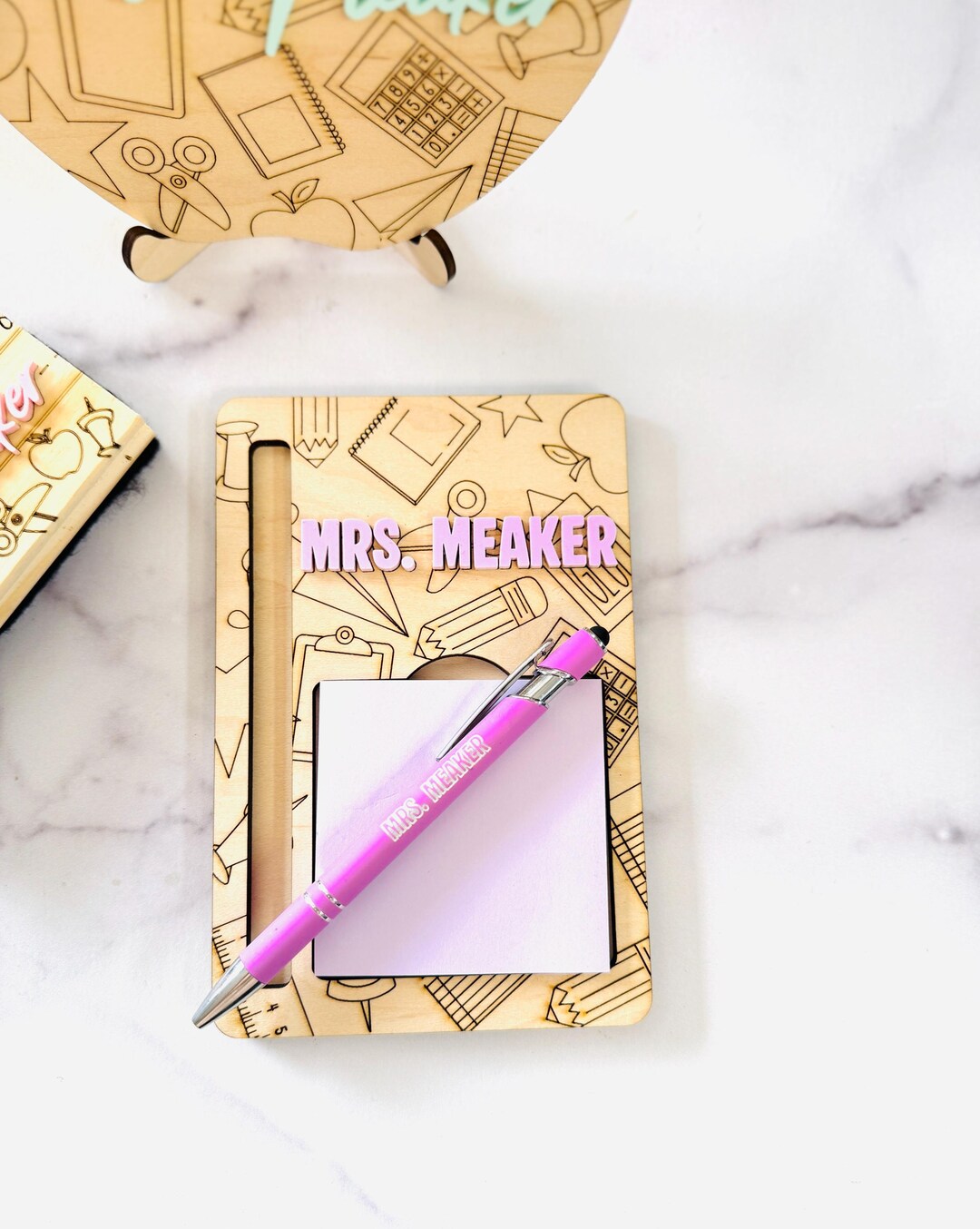 Personalized Teacher or Floral Engraved Wood Notepad Holder and Pen Set ...
