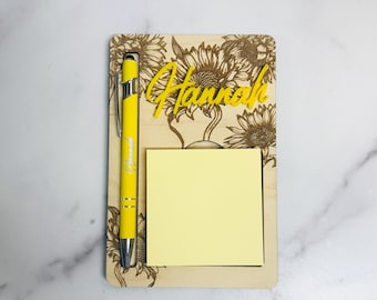 Personalized Sunflower Sticky Note Holder with Matching Engraved Pen