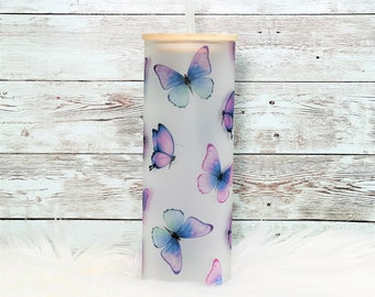 Butterfly Frosted Tumbler | Colorful Butterfly Tumbler | Frosted Glass Tumbler | 25oz Frosted Glass Tumbler with Bamboo Lid & Plastic Straw