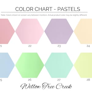 May include: Color chart of pastel colors. The chart displays eight hexagonal shapes in various pastel shades, including pink, lavender, blue, and green. Each shape is numbered. The text "COLOR CHART - PASTELS" is at the top.