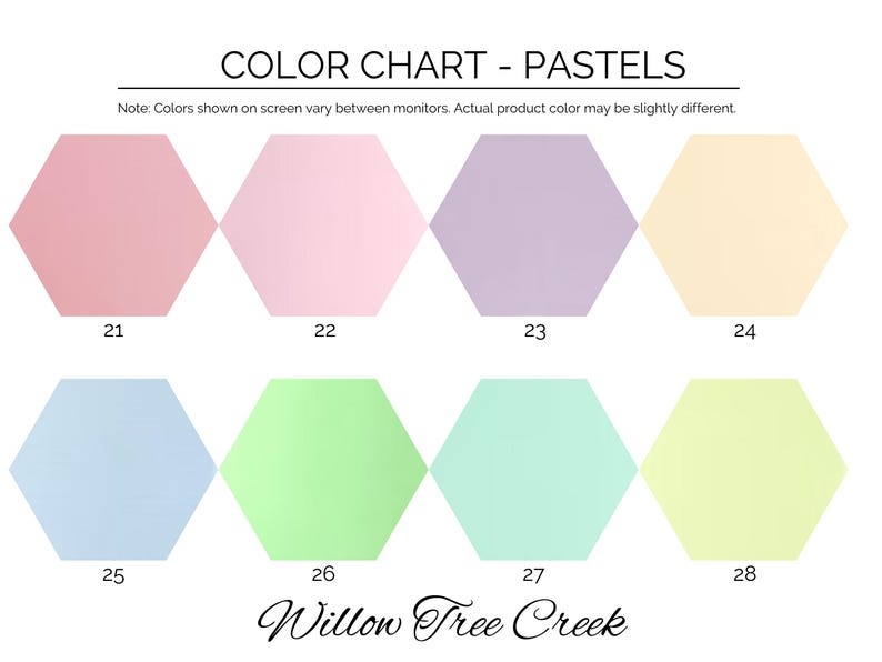 May include: Color chart of pastel colors. The chart displays eight hexagonal shapes in various pastel shades, including pink, lavender, blue, and green. Each shape is numbered. The text "COLOR CHART - PASTELS" is at the top.
