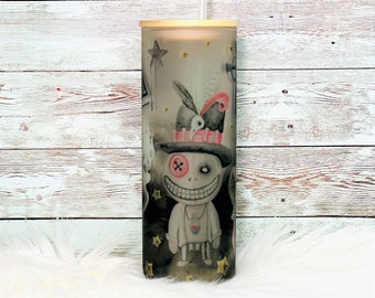 Spooky Voodoo Doll Frosted Tumbler | Halloween Tumbler | Witchy Tumbler | 25oz Frosted Glass Tumbler with Bamboo Lid & Plastic Straw