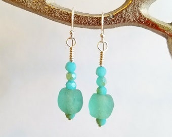 Recycled blue glass and faceted blue rondelle, beaded dangle earrings.