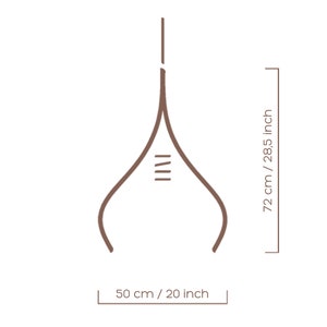 May include: A brown line drawing of a pendant light fixture with a teardrop shape. The light fixture is 72 inches tall and 20 inches wide.