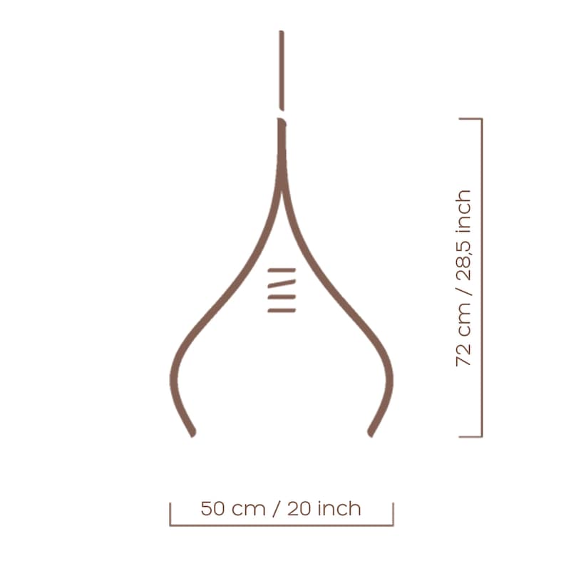 May include: A brown line drawing of a pendant light fixture with a teardrop shape. The light fixture is 72 inches tall and 20 inches wide.